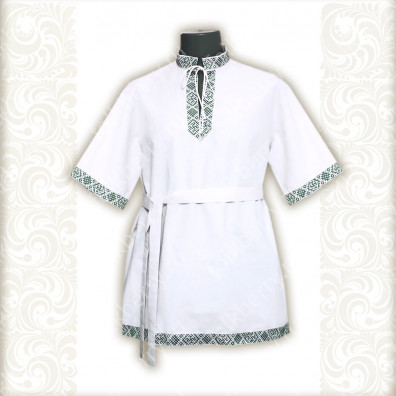 Рубаха Истоки, белый лен с зеленым- фото 1